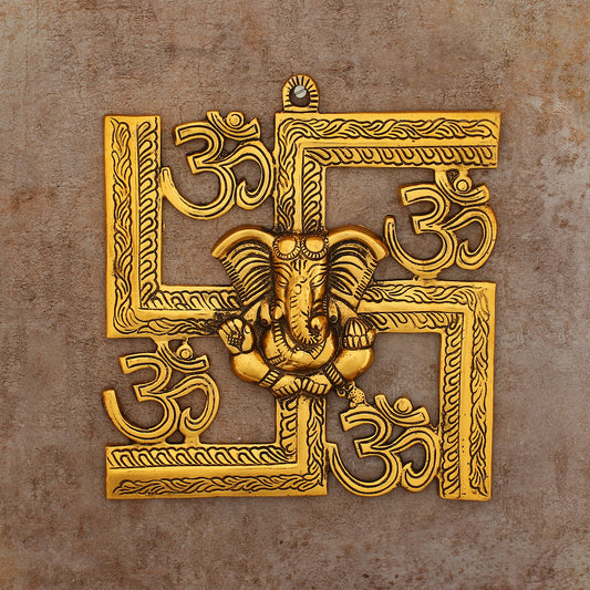 Lord Ganesha on Om Swastik Metal Golden Wall Hanging